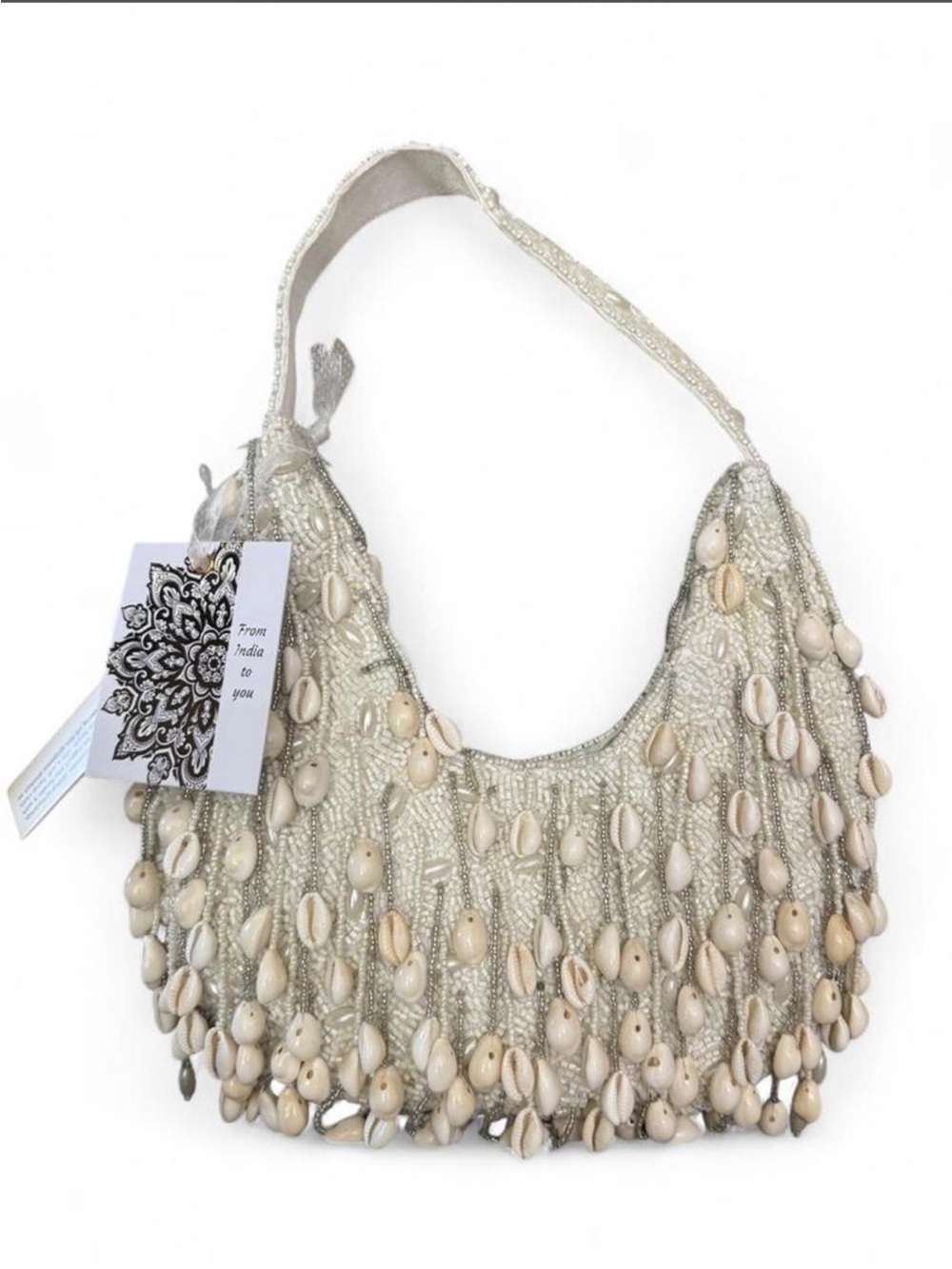 Made in India Cream & White Dangle Fringe Shell beaded shoulder bag